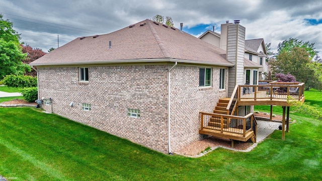 518 Lexington Dr, Rochester Hills, MI 48307 - back of property with a deck, a chimney, stairs, and a lawn