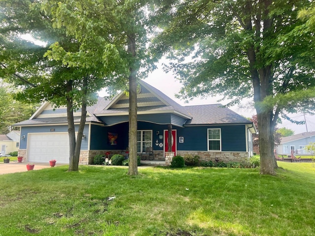 727 Townsend Dr, Algonac, MI 48001 - view of front of home featuring stone siding, a front lawn, covered porch, concrete driveway, and an attached garage