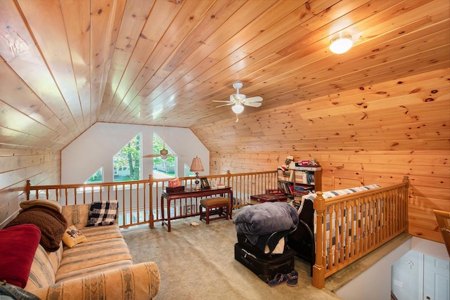 8735 Blackberry Ln, Port Austin, MI 48467 - additional living space featuring ceiling fan, wooden walls, carpet flooring, vaulted ceiling, and wood ceiling