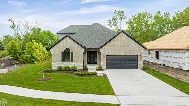 16612 Via Villagio Dr, Macomb, MI 48042 - french country inspired facade featuring a garage, driveway, brick siding, roof with shingles, and a front lawn