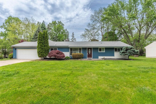 5311 Cambourne Pl, West Bloomfield, MI 48322 - ranch-style house featuring a garage, driveway, a front yard, and a chimney