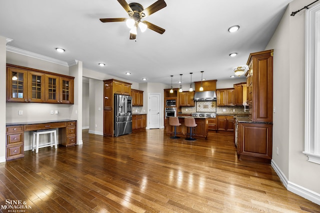 26898 Alderman Ct, Harrison Twp, MI 48045 - living area featuring baseboards, a ceiling fan, dark wood finished floors, recessed lighting, and crown molding