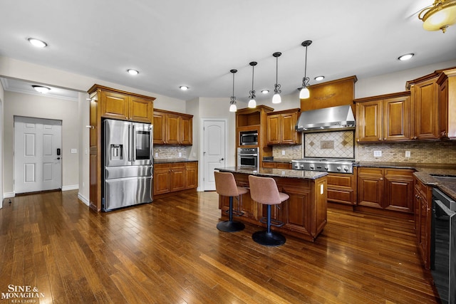 26898 Alderman Ct, Harrison Twp, MI 48045 - kitchen featuring stainless steel appliances, ventilation hood, wine cooler, brown cabinets, and tasteful backsplash
