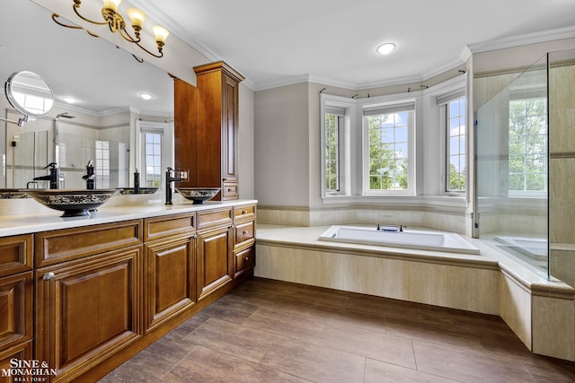 26898 Alderman Ct, Harrison Twp, MI 48045 - bathroom featuring a bath, vanity, a shower with shower door, and ornamental molding
