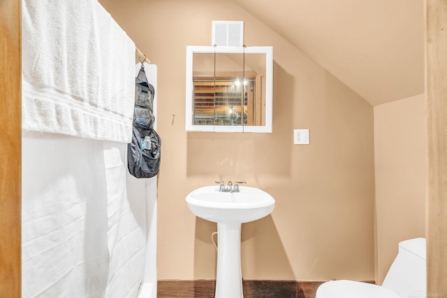 7696 Varty Ct, Lexington, MI 48450 - bathroom with toilet, lofted ceiling, curtained shower, and a sink
