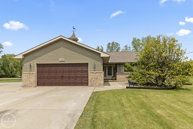 7360 Frith Rd, Saint Clair, MI 48079 - ranch-style home with brick siding, a garage, concrete driveway, and a front lawn