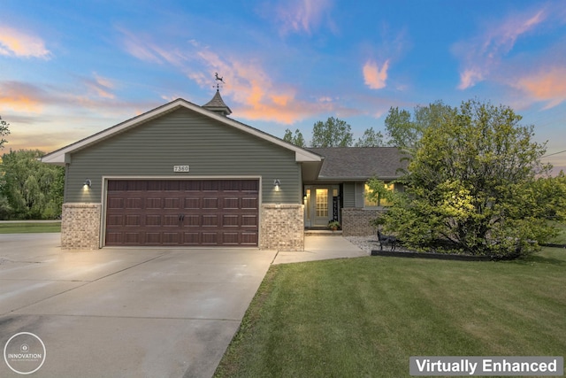 7360 Frith Rd, Saint Clair, MI 48079 - ranch-style home with brick siding, concrete driveway, an attached garage, and a front lawn
