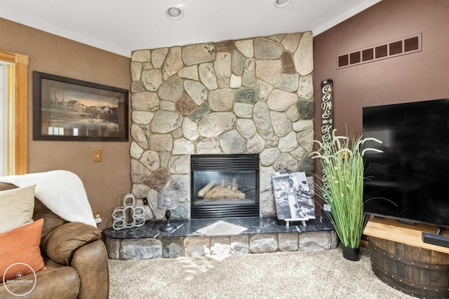 7360 Frith Rd, Saint Clair, MI 48079 - carpeted living room with crown molding and a stone fireplace