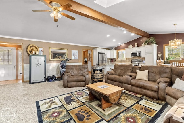 7360 Frith Rd, Saint Clair, MI 48079 - living room featuring a chandelier, ceiling fan, healthy amount of natural light, recessed lighting, and light carpet