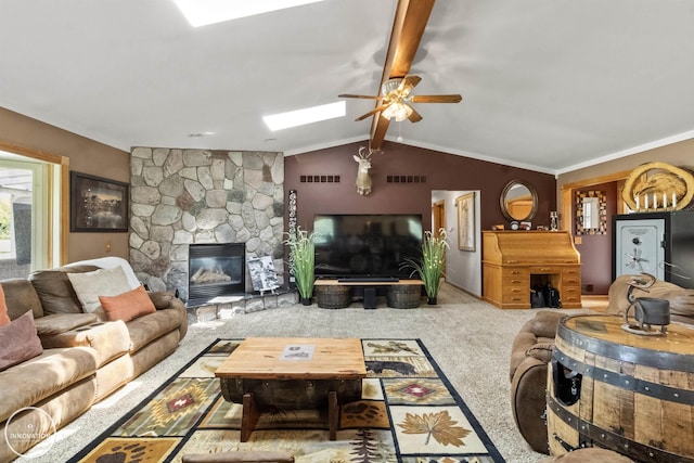 7360 Frith Rd, Saint Clair, MI 48079 - living area with carpet, a stone fireplace, and ceiling fan