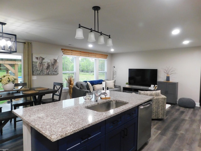 80367 Belle River Rd, Memphis, MI 48041 - kitchen featuring a sink, stainless steel dishwasher, open floor plan, light stone countertops, and dark wood-type flooring