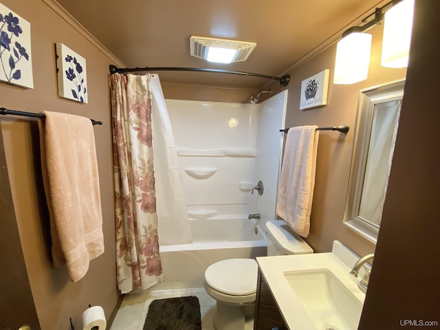 47275 Green Acres Rd, Houghton, MI 49931 - bathroom featuring toilet, shower / tub combo with curtain, vanity, tile patterned floors, and ornamental molding
