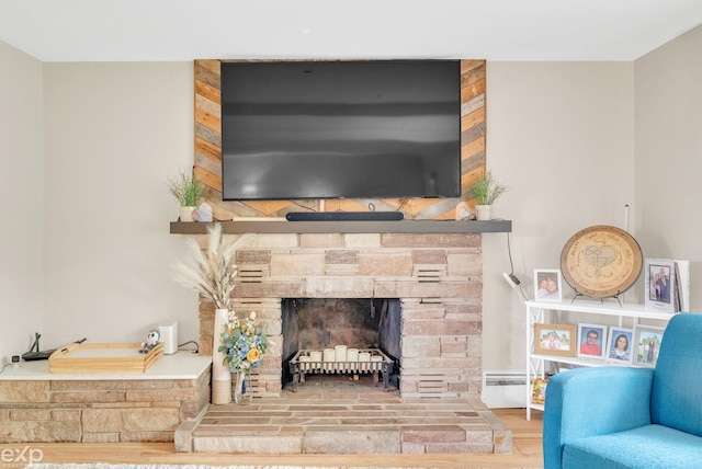 3365 Hickory Ln, Port Huron, MI 48060 - living room featuring wood finished floors, a stone fireplace, and a baseboard radiator