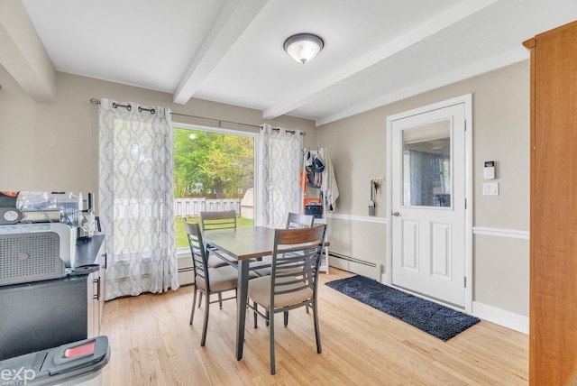 3365 Hickory Ln, Port Huron, MI 48060 - dining room featuring beamed ceiling, light wood-style flooring, and a baseboard radiator