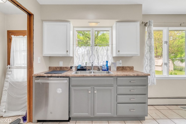 3365 Hickory Ln, Port Huron, MI 48060 - kitchen featuring stainless steel dishwasher, a sink, a baseboard heating unit, gray cabinetry, and white cabinets