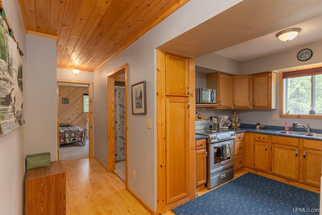4427 Tip Up Trl, Eagle River, WI 54521 - kitchen featuring stainless steel appliances, a sink, light wood-style flooring, dark countertops, and wood ceiling