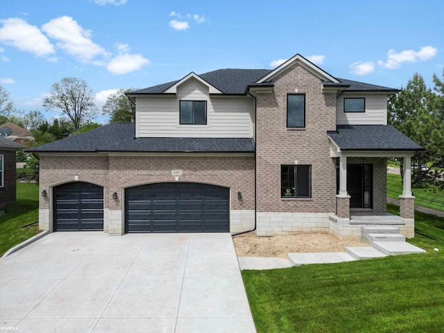 4497 Thornhill Dr, Auburn Hills, MI 48326 - view of front facade with roof with shingles, driveway, a front yard, brick siding, and a garage