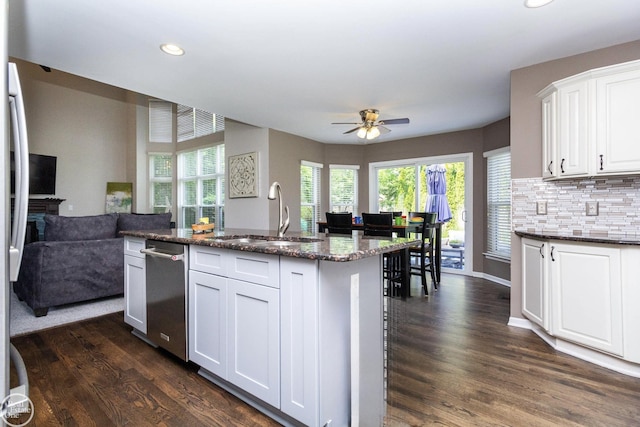 28815 Coleridge St, Harrison Twp, MI 48045 - kitchen featuring a sink, open floor plan, dark wood finished floors, recessed lighting, and white cabinetry