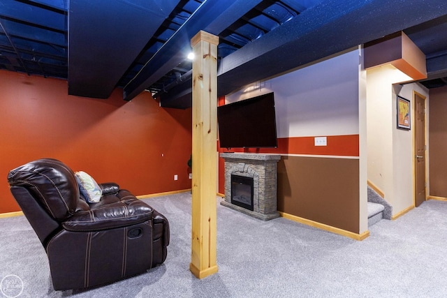 28815 Coleridge St, Harrison Twp, MI 48045 - unfurnished living room featuring carpet floors, baseboards, and a fireplace