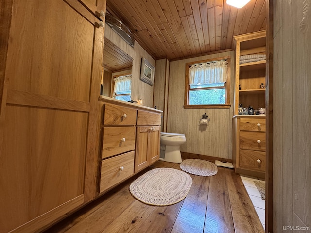 5452 W N Island Lake Rd, Hurley, WI 54534 - bathroom with wood ceiling, vanity, hardwood / wood-style floors, toilet, and wood walls