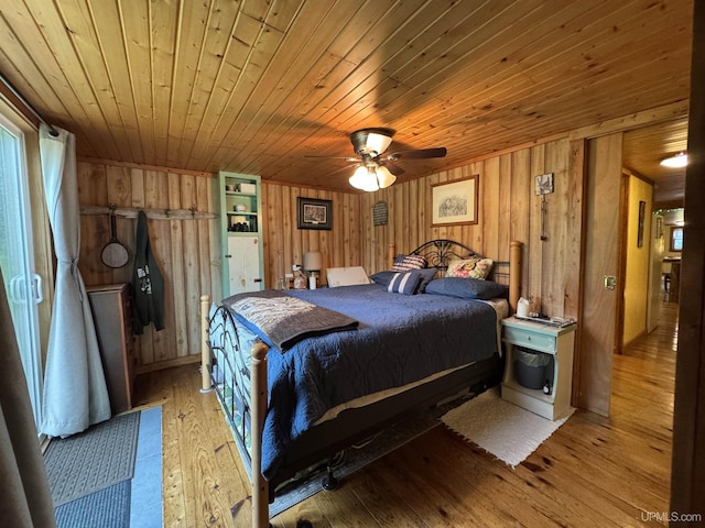 5452 W N Island Lake Rd, Hurley, WI 54534 - bedroom featuring wood walls, hardwood / wood-style flooring, wood ceiling, and a ceiling fan
