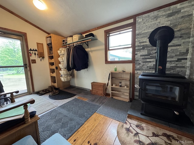 5452 W N Island Lake Rd, Hurley, WI 54534 - interior space featuring vaulted ceiling, healthy amount of natural light, a wood stove, and hardwood / wood-style flooring