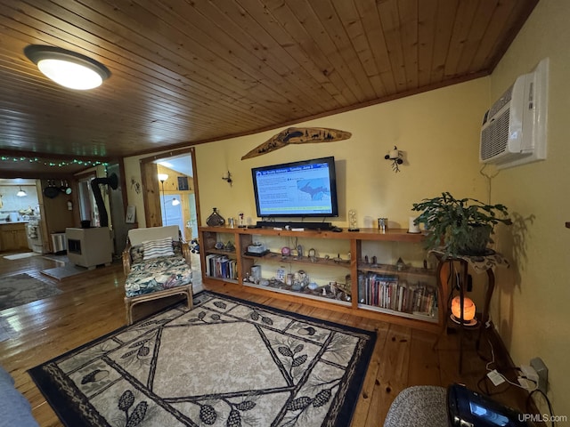 5452 W N Island Lake Rd, Hurley, WI 54534 - living area featuring hardwood / wood-style flooring, wooden ceiling, and an AC wall unit
