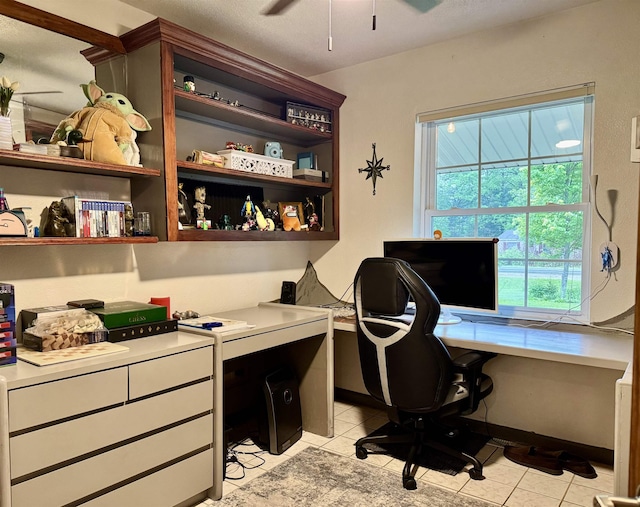 6223 E Townline Lake Rd, Harrison, MI 48625 - office featuring healthy amount of natural light, a ceiling fan, light tile patterned floors, and built in desk