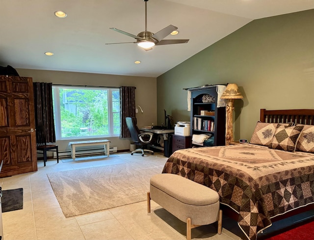 6223 E Townline Lake Rd, Harrison, MI 48625 - tiled bedroom featuring lofted ceiling, an office area, recessed lighting, and ceiling fan