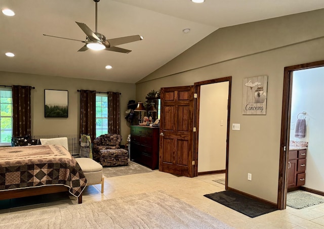 6223 E Townline Lake Rd, Harrison, MI 48625 - bedroom featuring recessed lighting, lofted ceiling, light tile patterned flooring, baseboards, and a ceiling fan