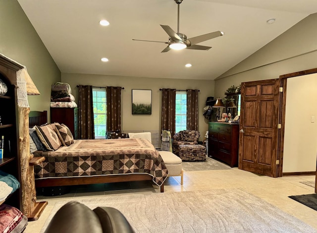 6223 E Townline Lake Rd, Harrison, MI 48625 - tiled bedroom featuring recessed lighting, vaulted ceiling, and a ceiling fan