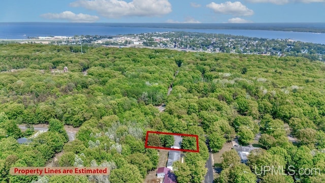 2600 S Hill Rd, Gladstone, MI 49837 - aerial view of property and surrounding area featuring a forest, property boundaries highlighted, and a nearby body of water