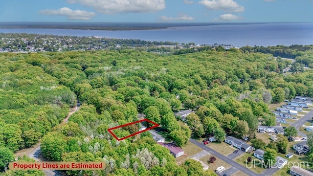 2600 S Hill Rd, Gladstone, MI 49837 - view of property location featuring property parcel outlined, a heavily wooded area, and a large body of water