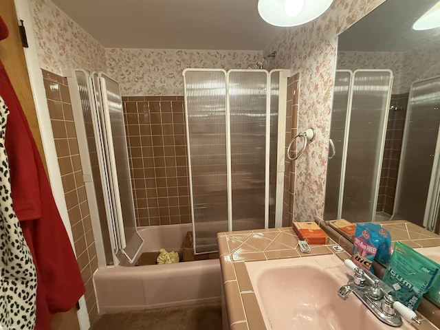 11493 Briarcliff Dr, Warren, MI 48093 - full bathroom featuring wallpapered walls, vanity, and enclosed tub / shower combo