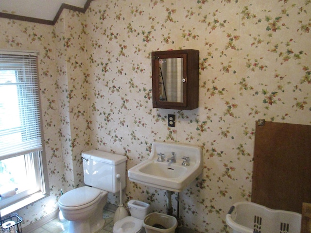 337 N 2nd St, Marine City, MI 48039 - half bath with wallpapered walls, crown molding, healthy amount of natural light, a sink, and toilet