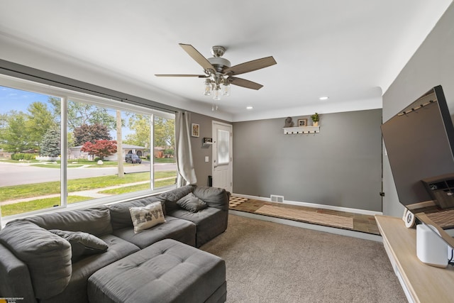 13040 Common Rd, Warren, MI 48088 - carpeted living area with ceiling fan, recessed lighting, and baseboards