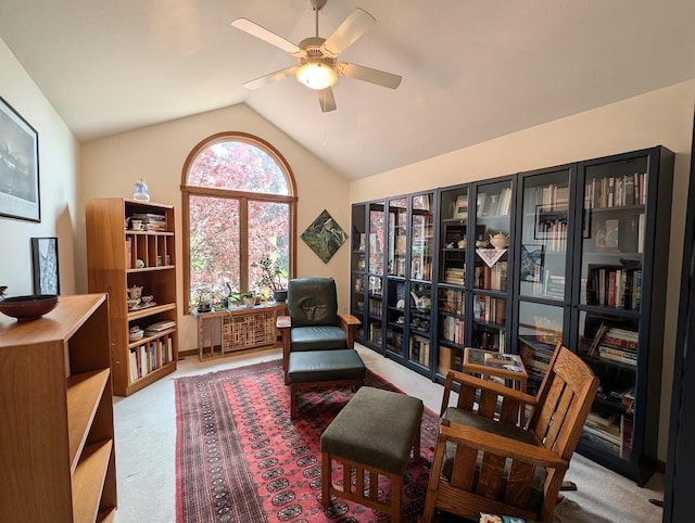 5663 Macintosh Dr, Bay City, MI 48706 - living area featuring carpet floors, a ceiling fan, and lofted ceiling