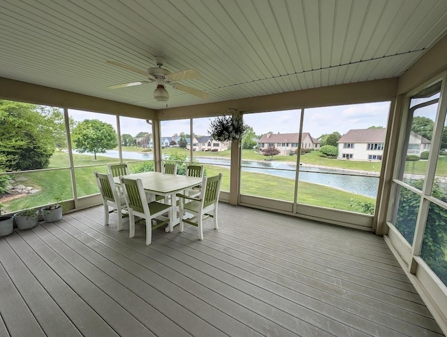 5663 Macintosh Dr, Bay City, MI 48706 - sunroom featuring ceiling fan, outdoor dining area, a water view, and a residential view