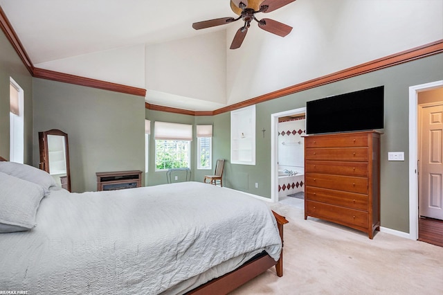 33473 Mulvey Rd, Fraser, MI 48026 - bedroom with baseboards, high vaulted ceiling, light carpet, and a ceiling fan
