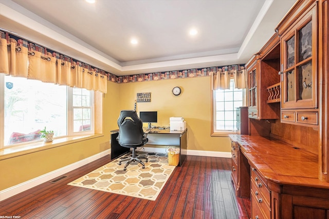 33473 Mulvey Rd, Fraser, MI 48026 - home office with dark wood-style floors, healthy amount of natural light, baseboards, a raised ceiling, and recessed lighting