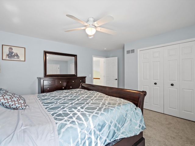 15158 Towering Oaks Dr, Shelby Twp, MI 48315 - bedroom featuring light colored carpet, a closet, and a ceiling fan