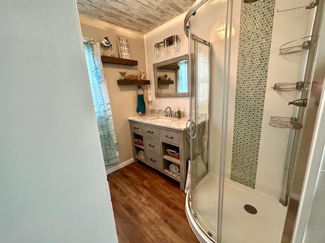 6586 N Coleman Rd, Coleman, MI 48618 - full bathroom featuring a shower stall, vanity, wood finished floors, and wood ceiling