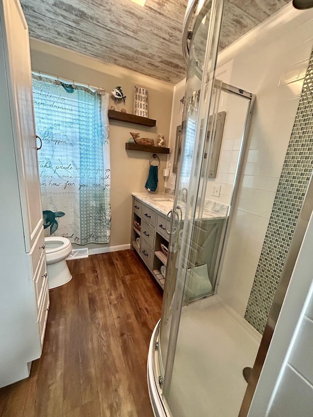6586 N Coleman Rd, Coleman, MI 48618 - full bath featuring a stall shower, toilet, vanity, and wood finished floors