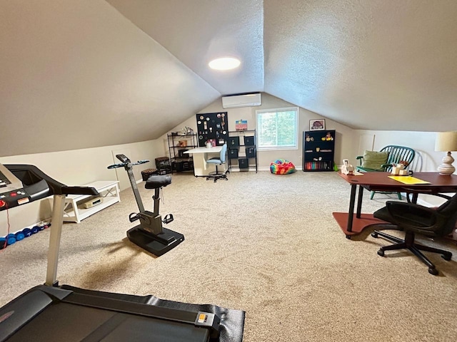 6586 N Coleman Rd, Coleman, MI 48618 - workout room featuring carpet, an AC wall unit, lofted ceiling, a textured ceiling, and baseboards