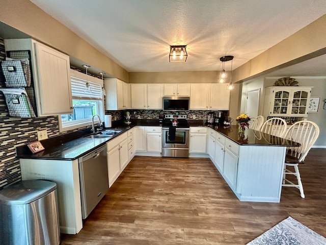 6586 N Coleman Rd, Coleman, MI 48618 - kitchen with appliances with stainless steel finishes, a sink, a peninsula, dark countertops, and a kitchen bar