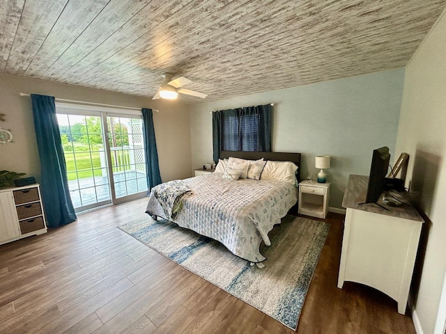 6586 N Coleman Rd, Coleman, MI 48618 - bedroom featuring access to outside, wood finished floors, a ceiling fan, and wood ceiling