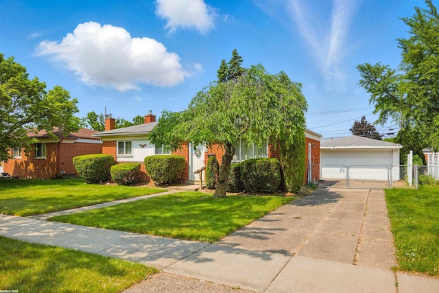 31565 Hayes Rd, Warren, MI 48088 - view of front facade with brick siding, a detached garage, a chimney, and a gate