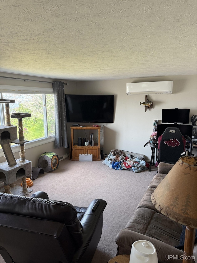 8096 Garth Point 25.25 Ln Rd, Rapid River, MI 49878 - living room with a wall mounted air conditioner, carpet flooring, and a textured ceiling