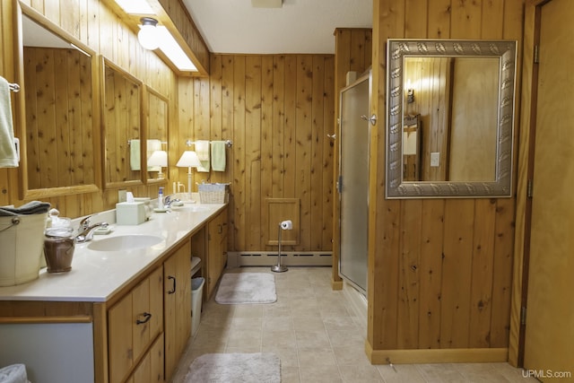 1426 Washington St, Munising, MI 49862 - full bath with a baseboard heating unit, a stall shower, wooden walls, and double vanity