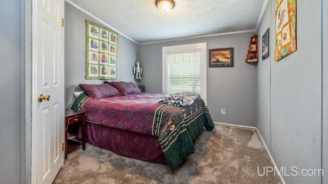 11745 T Rd, Rapid River, MI 49878 - carpeted bedroom with a textured ceiling, crown molding, and baseboards
